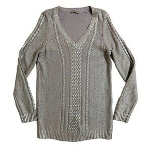 Evolution Sweater Silver Metallic Coated Mid Length Cable Knit Pullover SZ L